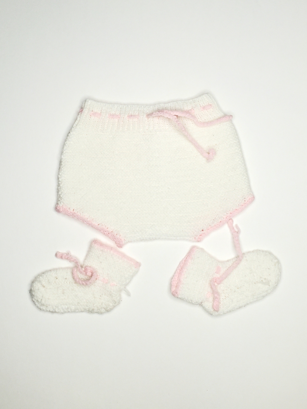 Vintage Baby Hand Knit Bloomers & Booties Set - White with Pink Trim